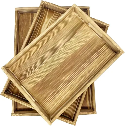 Vista 7 de Owlgift Bandejas de madera gris vintage con detalles de metal de latón, juego de 3