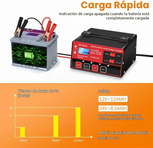Vista 6 de Outerman - Cargador de batería de automóvil, 12 V, 24 V, de plomo-ácido, pantalla LCD, mantenimiento automático de batería inteligente