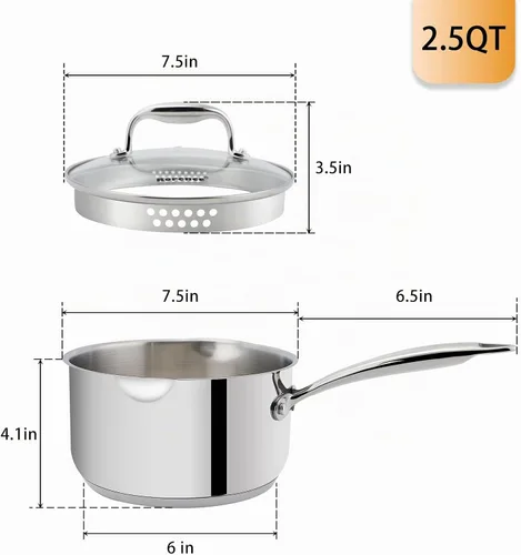 Vista 3 de Rorence Sartén de acero inoxidable de 2.5 cuartos de galón con tapa