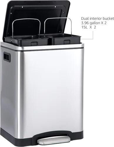 Vista 4 de Amazon Basics - Papelera doble de 30L con pedal de cierre suave - 2 contenedores de 15 litros, acero inoxidable, contenedores internos pequeños