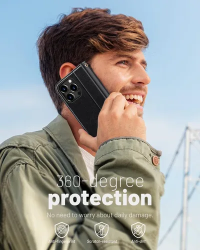 Vista 7 de OCASE Funda tipo cartera compatible con iPhone 15 Pro, de piel sintética, con tarjetero, bloqueo RFID, soporte para teléfono