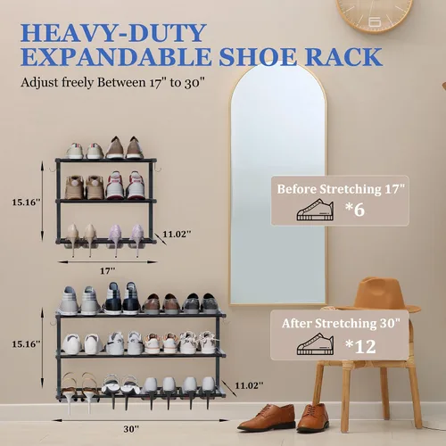 Vista 2 de Zapatero para montar en la pared, zapatero colgante de 3 niveles con capacidad para 12 pares, organizador de zapatos de metal resistente ajustable
