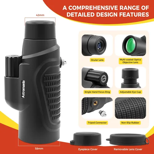 Vista 5 de Astromania Telescopio monocular 10x42 HD K9 prisma – Alta potencia y compacto, impermeable, a prueba de niebla, a prueba de golpes para observación