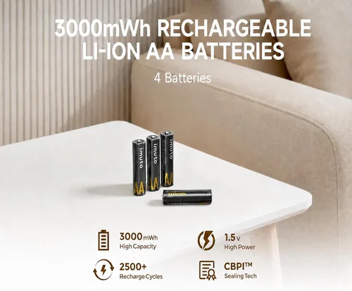 Vista 2 de imuto Baterías recargables AA, baterías de litio de 3000 mWh AA, paquete de 4 1.5V 2A Output Double a Battery, 2500+ Cycles life, Wide Temp