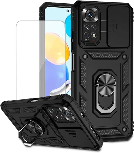 Vista 9 de Para Redmi Note 11 (4G)/Redmi Note 11S con protector de pantalla de vidrio templado y cubierta de cámara deslizante, anillo magnético Soporte de Oro