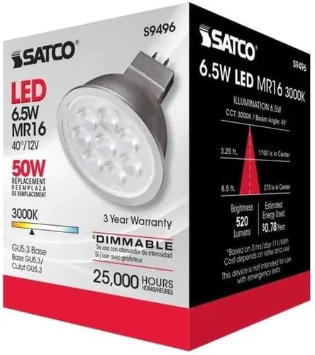 Vista 7 de Satco Lighting - Bombillas LED MR16 de bajo voltaje regulables de 6.5 W, blanco suave de 3000 K, ángulo de haz de 40 grados, base GU5.3, 12 voltios