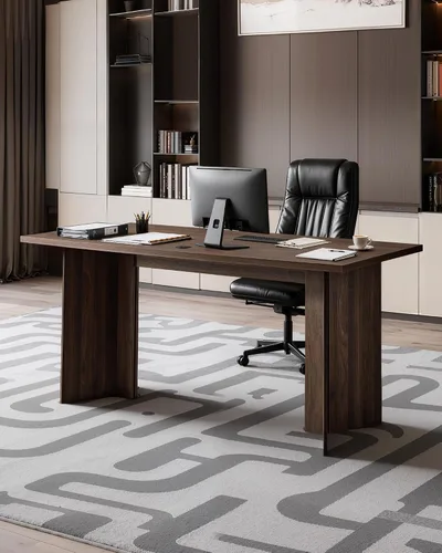 Vista 3 de VEVOR Escritorio ejecutivo de 63 pulgadas, mesa de oficina rectangular grande y moderna, mesa ejecutiva de madera resistente con orificio de Nogal