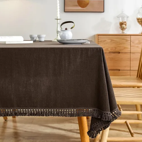 Vista 10 de AmHoo - Mantel de lino con borlas y bordado rectangular decorativo para mesa natural para cocina, comedor, buffet de boda, 55 x 55 pulgadas, negro