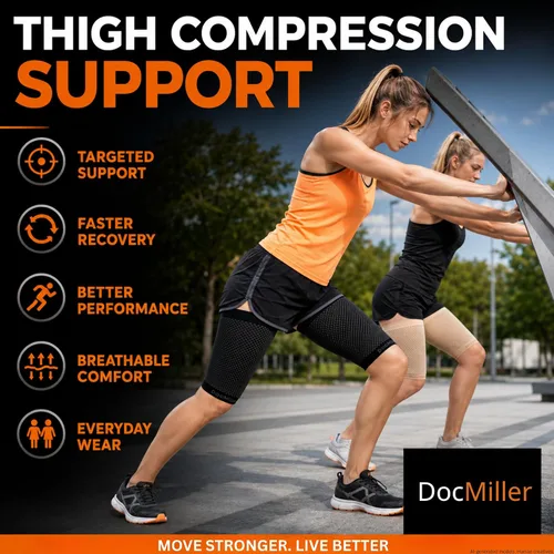 Vista 6 de Doc Miller Manga de compresión para muslos para hombres y mujeres, 1 par, envoltura de compresión cuádruple y muslo, tirantes para recuperación