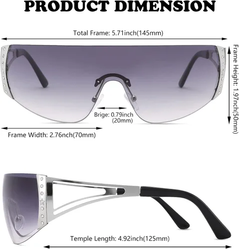 Vista 4 de NULOOQ Gafas de sol envolventes Y2K para mujeres y hombres, gafas de sol futuristas sexys sin marco, escudo de estrellas planas