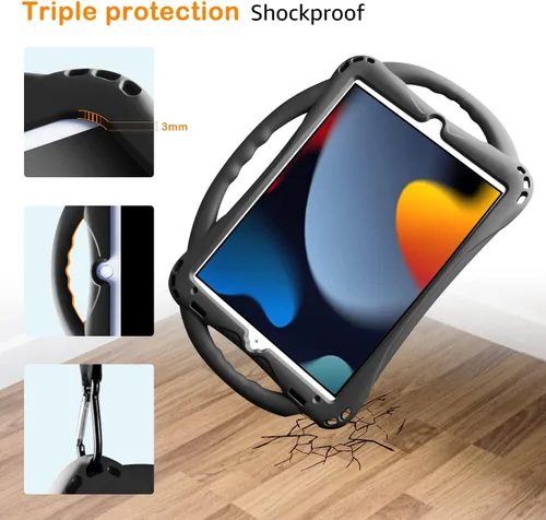 Vista 6 de TopEsct Funda infantil para iPad de 10.2 pulgadas, funda de silicona a prueba de golpes con protector de pantalla de vidrio templado y correa, Negro