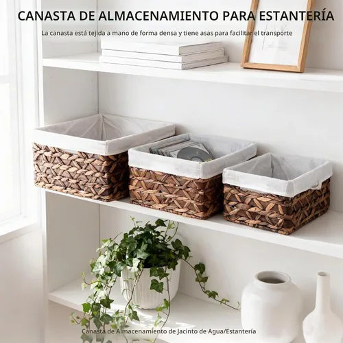 Vista 2 de Cesta de almacenamiento rectangular tejida de hierba marina con asa, Kingwillow. (Madera y jacinto de agua, juego de 3)