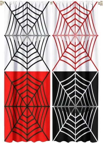 Vista 79 de Cortinas opacas de tela de araña aterradora para niños, tela de araña en blanco y negro, fondo rojo, dormitorio de niños, guardería, decoración