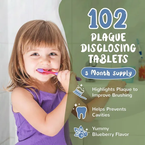 Vista 3 de Tabletas reveladoras de placa para niños y adultos. 102 unidades. Sabor a arándanos. Probado y creado por dentistas. Las tabletas de placa ayudan a