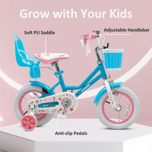 Vista 3 de ACEGER Girls Bike with Basket for Ages 2-12 Years Old Kids, 12 14 16 18 Inch with Training Wheels，Princess Style with Streamers, Handbrake & Coaster