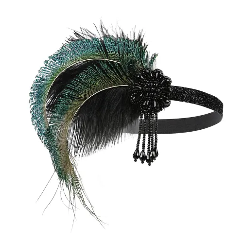 Vista 3 de Diadema de plumas para novia de los años 20 con borlas de flores de cristal y borlas de plumas negras, joyería para el cabello para mujeres y niñas