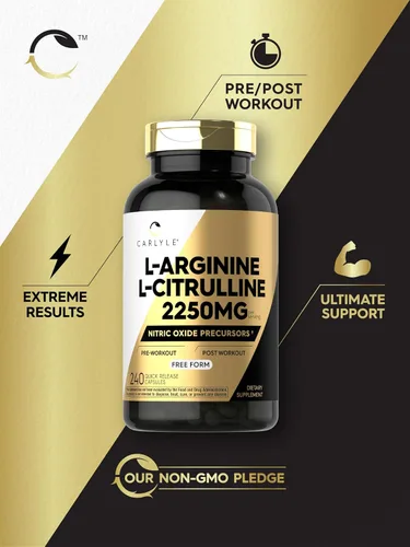 Vista 5 de Carlyle L-Arginina L-Citrulina Suplemento 2250 mg 240 cápsulas en polvo Precursores de óxido nítrico Forma libre Sin OMG y sin gluten