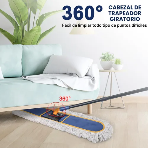 Vista 3 de Trapeador de polvo comercial de 24 pulgadas para limpieza de suelos, plumero resistente con 2 almohadillas de algodón reutilizables, mango largo