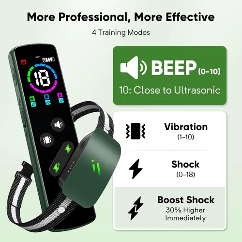 Vista 2 de Collar de choque para perro con 10 niveles de pitido, 2680 pies, 4 modos, collar eléctrico de entrenamiento para perros con control remoto, Verde