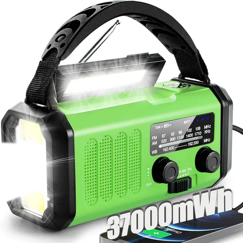 Vista 12 de QAUYYW Radio de emergencia con manivela, radio NOAA AM FM meteorológica portátil con manivela de 37000 mAh solar, con linterna de 3 modos y luz