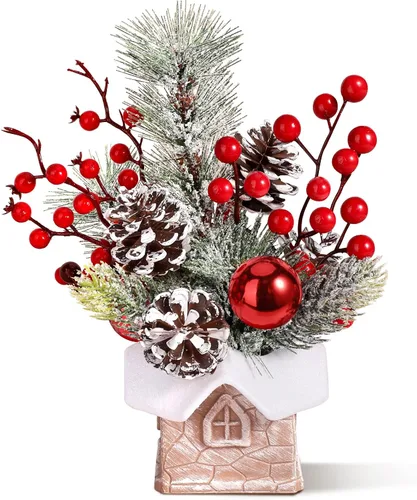 Vista 7 de Pequeño árbol de Navidad de mesa artificial, mini decoraciones de árbol de Navidad con adornos navideños, bayas rojas, piñas, vegetación para hogar
