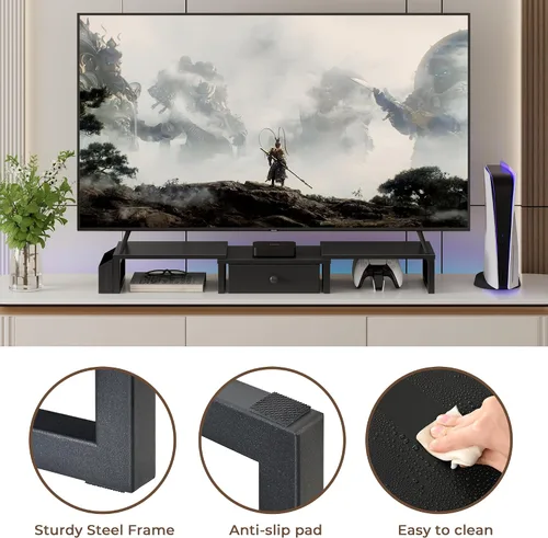 Vista 9 de LAND·VOI Soporte Dual para Monitor con Cajón y Bolsillos Laterales, Elevador de Monitor para Escritorio, Almacenamiento para Escritorio de Oficina