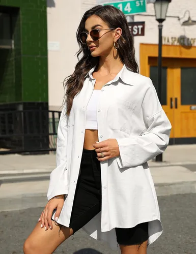 Vista 3 de Bianstore Camisas de lino de gran tamaño para mujer, blusas de manga larga con botones