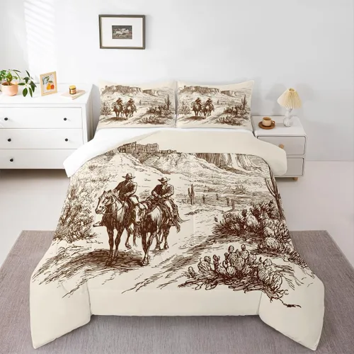 Vista 21 de Juego de edredón de vaquero individual, ropa de cama occidental para niños y hombres, ilustración dibujada a mano de caballo americano salvaje