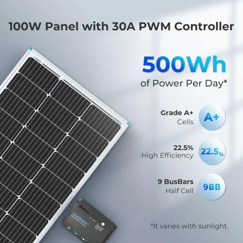 Vista 2 de Renogy - Kit básico de panel solar de 100W 12V, panel solar monocristalino de 100 vatios, controlador de carga PWM LCD de 30A, kit de adaptadores