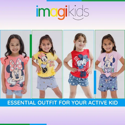 Vista 2 de Disney Minnie Mouse - Conjunto de camiseta floral arcoíris y pantalones cortos de cambray, tallas de bebé a niño grande (12 meses - 14-16)