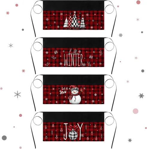 Vista 8 de Bencailor 4 Pcs Christmas Server Waitress Aprons with 4 Pockets Buffalo Plaid Half Waist Apron for Xmas Restaurant Party