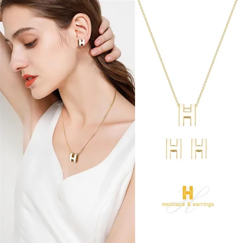Vista 6 de 2 Pieces of Necklaces for Women 18k Gold Plated H Necklace Earrings for Women Jewelry Set Girl Valentine's Day Birthday Gifts