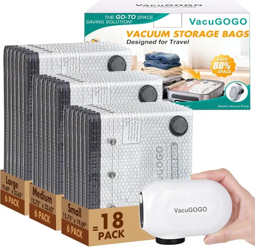 Vista 9 de Travel Vacuum Storage Bags with Pump, Carry-on Luggage Compression Bags + Portable Electric Pump, 80% Space Saver for Clothes, Vacuum Seal Bags for