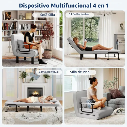Vista 4 de Furniliving Sofá cama plegable 4 en 1, silla convertible con respaldo ajustable de 6 posiciones, tumbona tapizada con almohada, sillas decorativas