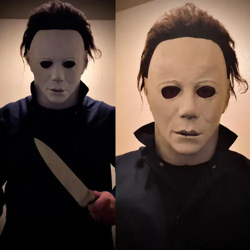 Vista 5 de Máscara de Halloween de látex de cabeza completa, disfraz de cara de película de terror, máscara original con cabello
