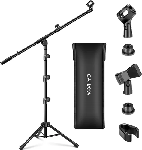 Vista 12 de CAHAYA Soporte de micrófono trípode de doble uso con brazo extensible y pie para micrófono portátil con bolsa de transporte y 2 clips para micrófono