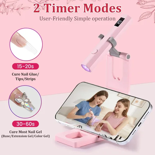 Vista 3 de Luz de uñas UV de mano con soporte, mini lámpara de uñas de mano con pantalla LED, lámpara de uñas recargable de curación flash, ajustes