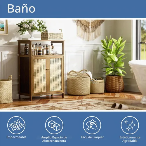 Vista 4 de HITNET Gabinete de piso de baño de ratán, armario de almacenamiento de bambú independiente con 2 puertas, aparador de sala de estar, ahorro de Nogal