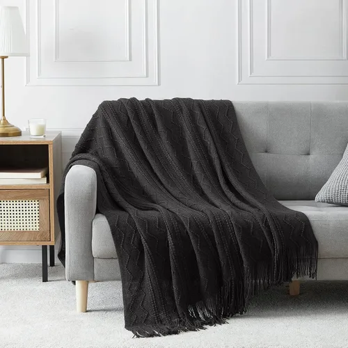 Vista 66 de Bourina Manta de punto decorativa con textura, unicolor y suave, para sofá, 50 x 60 pulgadas, almendra Knitted Throw Blanket 50x60 Inches, Soft