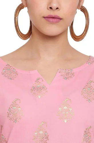 Vista 7 de Janasya Kurta de algodón rosa con palazzo para mujer, Rosado