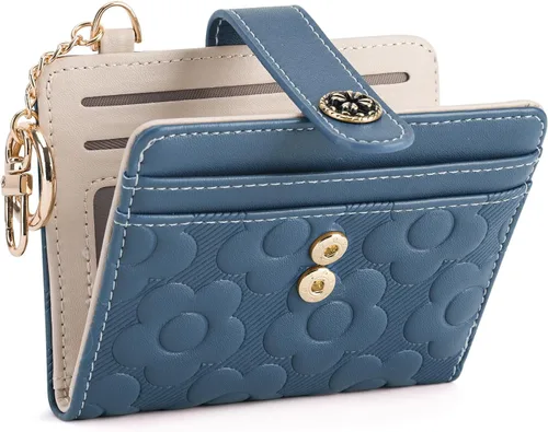 Vista 9 de Cartera RFID para mujer, delgada y pequeña, de piel con estampado de flores, plegable, compacta, con tarjetero y bolsillo para monedas, color marrón