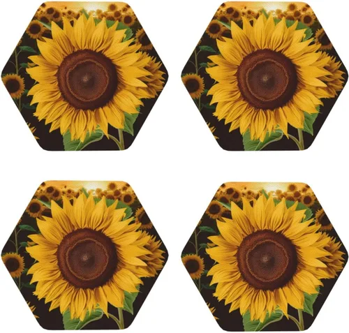 Vista 2 de Hermoso juego de 4 posavasos de cuero con estampado de girasol, impermeables, antiquemaduras, para sala de estar, mesa de café de 4 pulgadas Hexágono