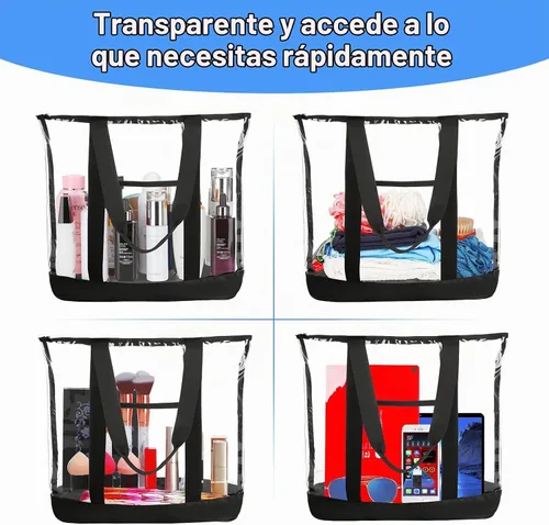 Vista 7 de HAOGUAGUA Bolsa de viaje de maquillaje cosmética transparente extra grande, bolsa de hombro de PVC transparente impermeable con asas (Negro)