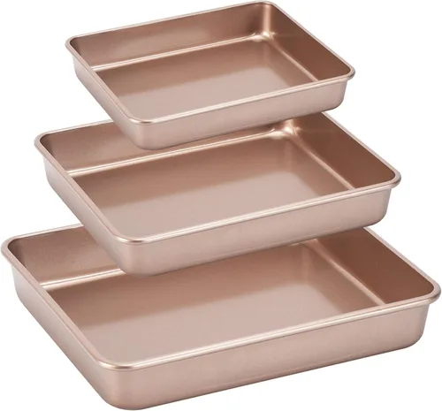 Vista 10 de Juego de 3 bandejas para asar, juego de bandejas antiadherentes para hornear, utensilios rectangulares para horno, revestimiento no tóxico y calidad