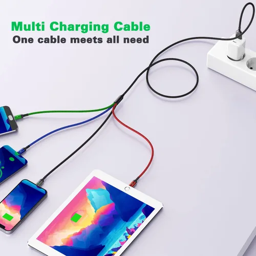 Vista 4 de Cable de carga múltiple de 4A, 5 pies, paquete de 2 cables de carga 4 en 1, cable trenzado múltiple USB C universal con Lightning/tipo C/puerto
