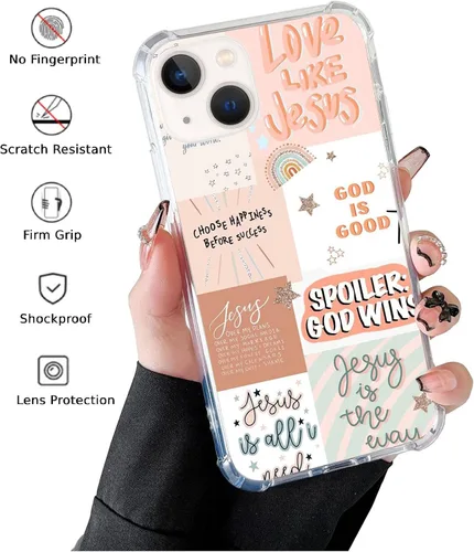 Vista 2 de Funda de teléfono con collage bohemio de Jesús compatible con iPhone 14 Plus, funda cristiana con collage de citas para niñas, mujeres y hombres