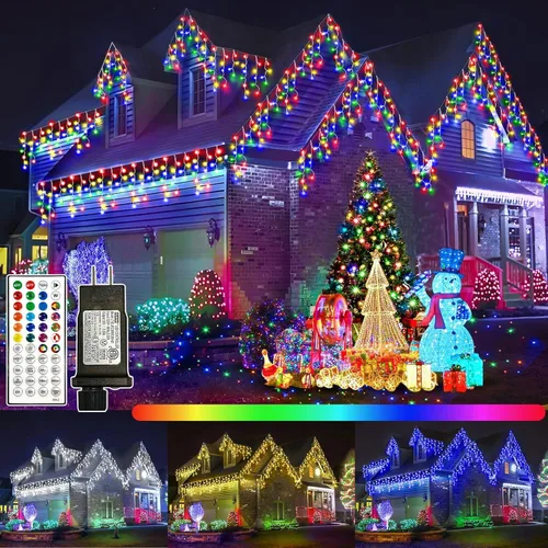Vista 30 de FLVOECN 480 luces LED de Navidad de 49 pies, enchufables, 8 modos con temporizador, luces de hielo regulables, para exteriores, impermeables