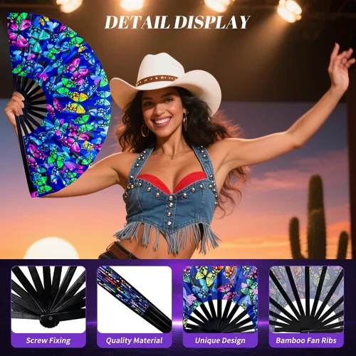 Vista 3 de Abanico de mano grande de 13 pulgadas con luz UV para baile en línea, abanico plegable para botas en el suelo, actuación, boda, fiesta - abanico