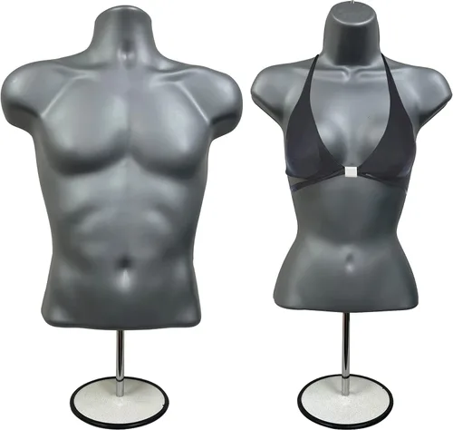 Vista 34 de Maniquí de torso masculino y femenino con soporte de metal, cuerpo con respaldo hueco, apilable, forma de vestido para exhibición de camisetas Negro