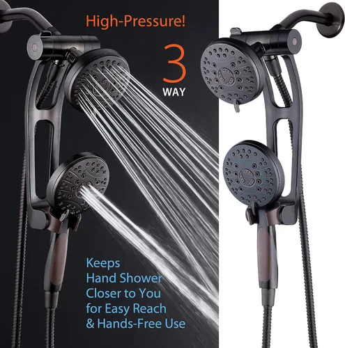 Vista 2 de Combo de lujo de 3 vías de alta presión de 48 modos con brazo de extensión ajustable – Cabezal de ducha dual de lluvia y de mano – Manguera de acero